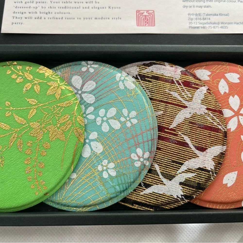 Japanese Coasters Gold Painted Yuzen Table Wares Kimono Fabric Coasters